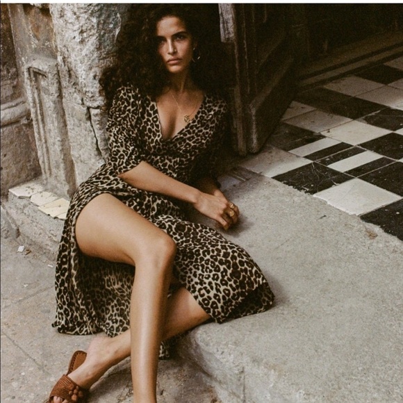 Faithfull The Brand Brown Leopard Print Crepe Wrap Midi Dress sz 2 - Picture 16 of 16